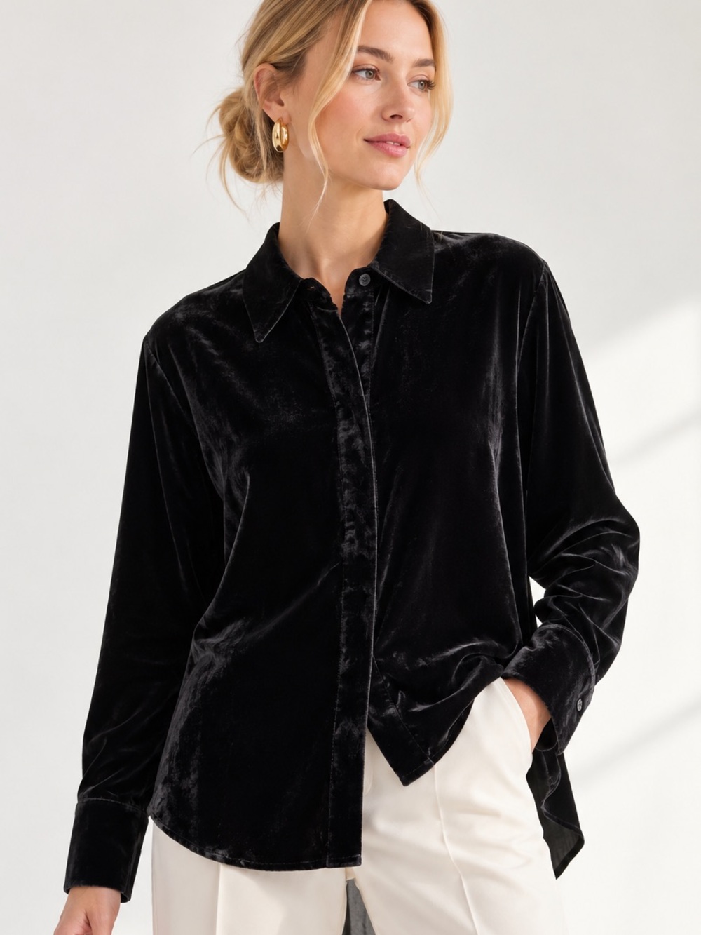 COS Black Velvet Button Up Shirt Blouse High Low Hem US Sz 8